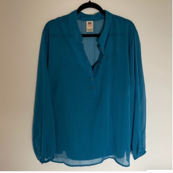 Faded Shimmer Hipster Button Down Flow Business Casual Sheer Hip Tank Blouse - Picture 4 of 12